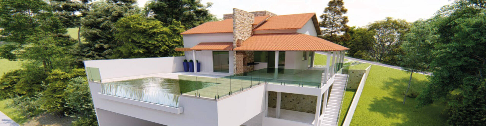 Casa moderna em lote com terreno em volta.