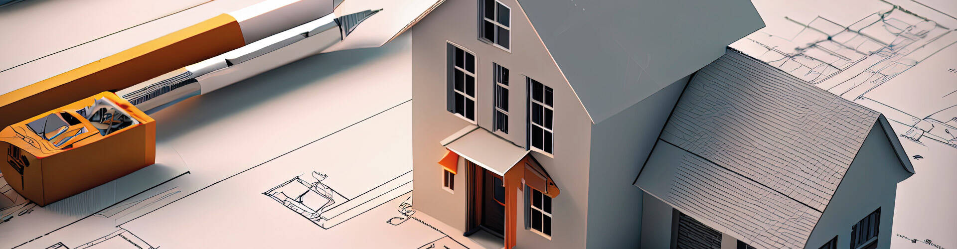 Projeto de casa em 3D com planta e chaves sobre a mesa.