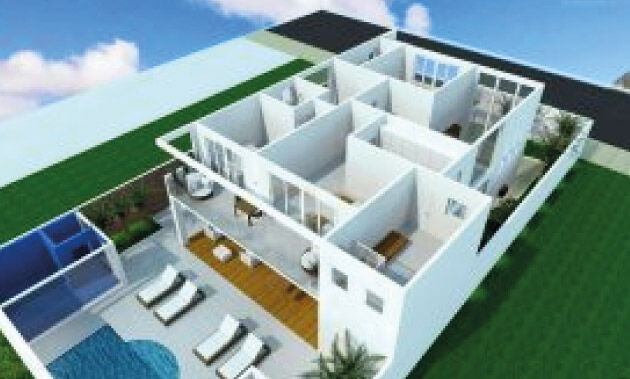 Modelo 3D de construção na frente do terreno, com visualização do interior da casa.