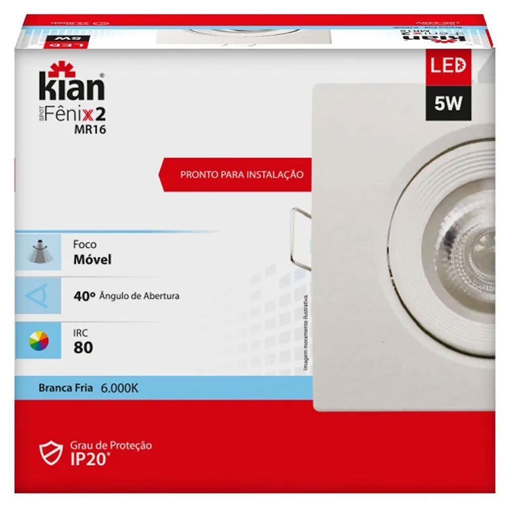 Spot Led Fênix Quadrado Embutir 5W 6000K Kian