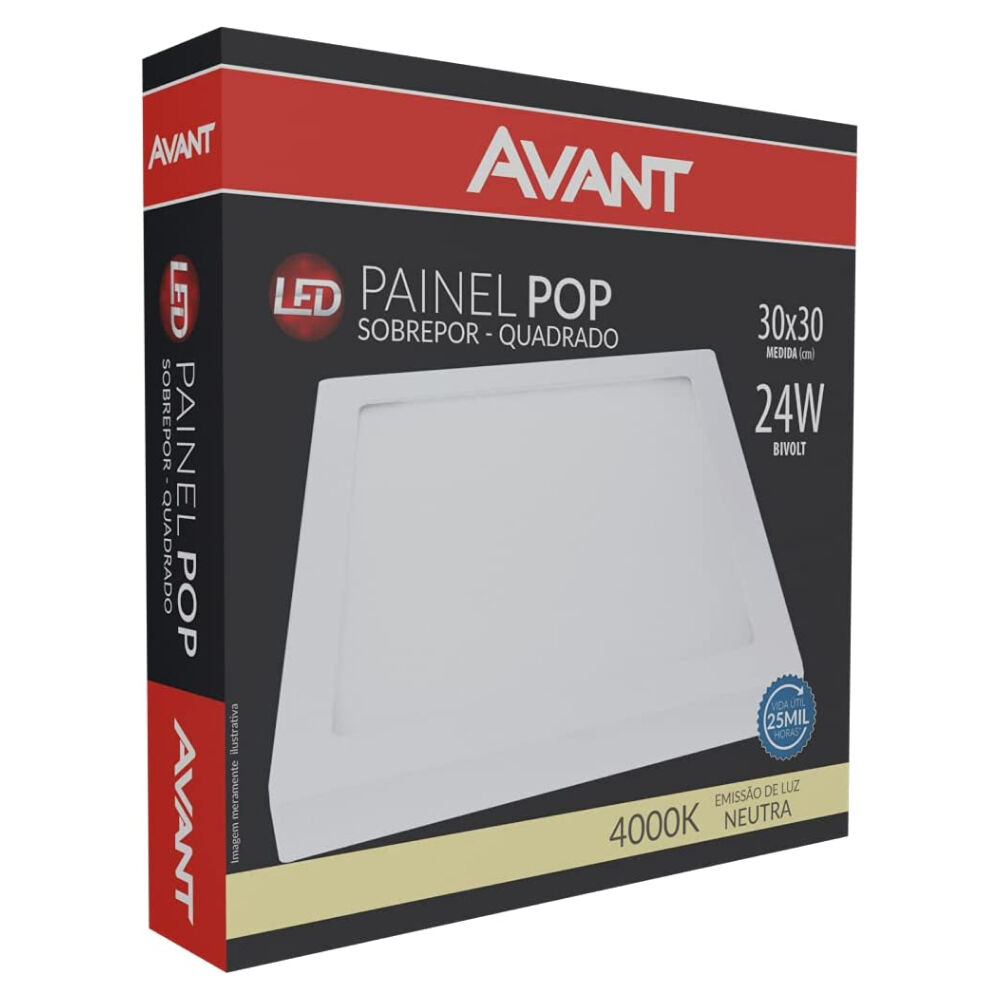 Painel Led de Sobrepor Quadrado 30cm 24W 4000K Avant