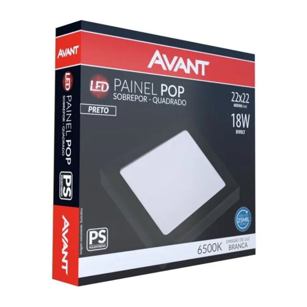 Painel Led de Sobrepor Quadrado Pop 18W 6500K Preto Avant