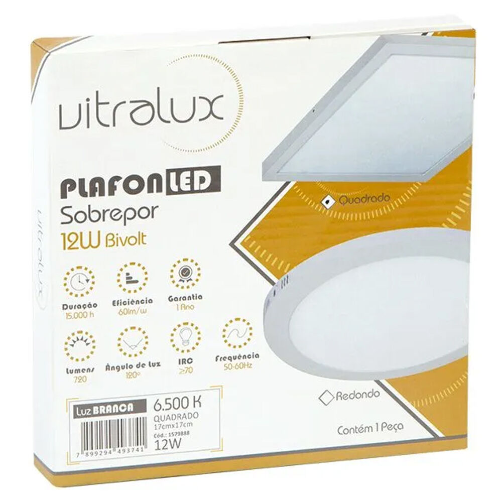 Painel LED Sobrepor Quadrado 17cm Luz Branca 12W 6500K Vitralux