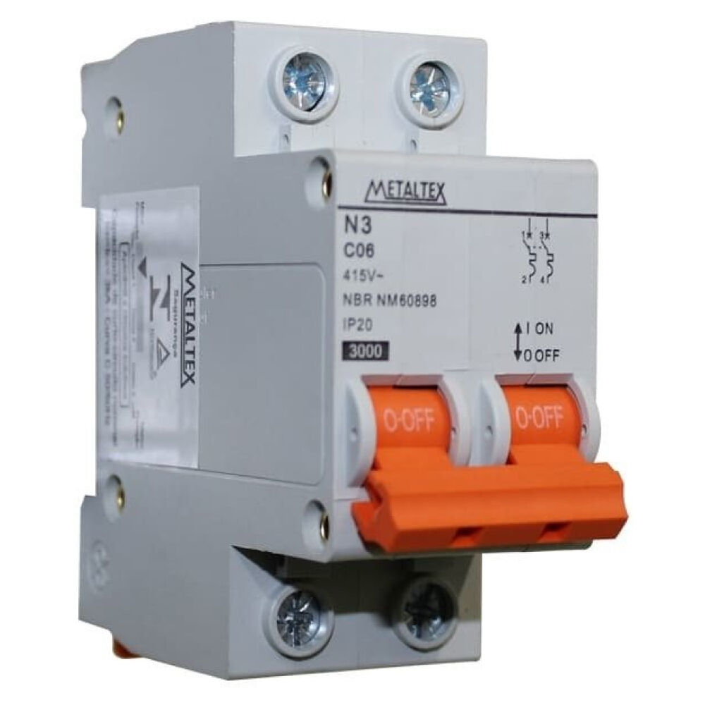 Mini Disjuntor Bipolar 6A Curva C Metaltex