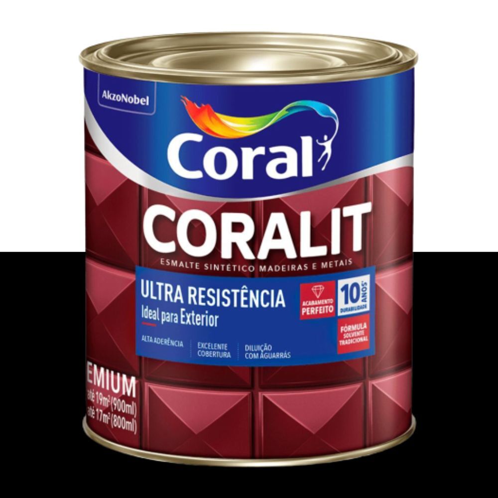 Esmalte Sintético Alto Brilho Coralit Ultra Resistência Preto 900ml Coral