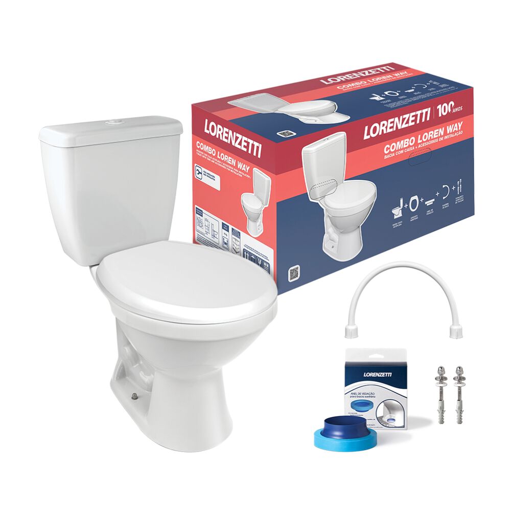 Kit Vaso Sanitário com Caixa Acoplada 6L Loren Way Assento Sanitário e Itens de Instalação Branco Lorenzetti