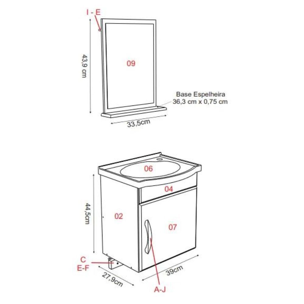 Gabinete Suspenso para Banheiro com Lavatório e Espelheira Siena 39cm Branco A.J. Rorato