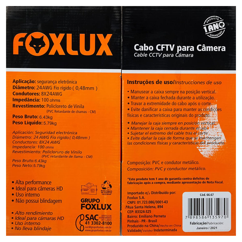 Cabo de Rede CFTV para Câmera 305m Foxlux