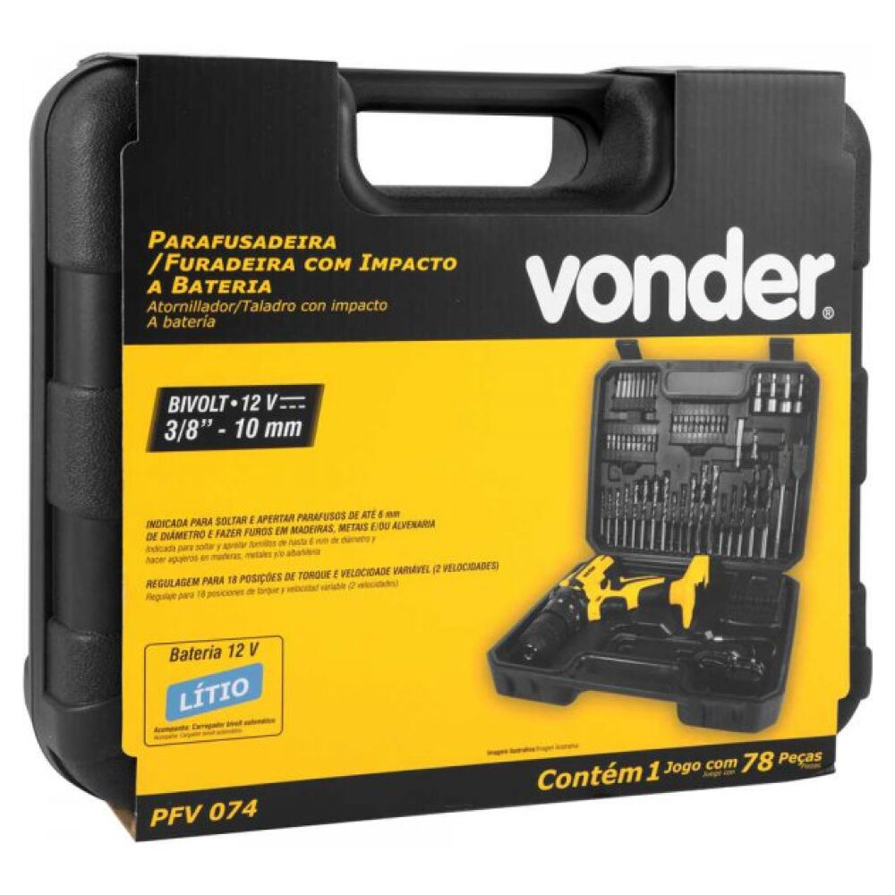 Furadeira Parafusadeira de Impacto 12V com 74 Acessórios Bivolt Vonder