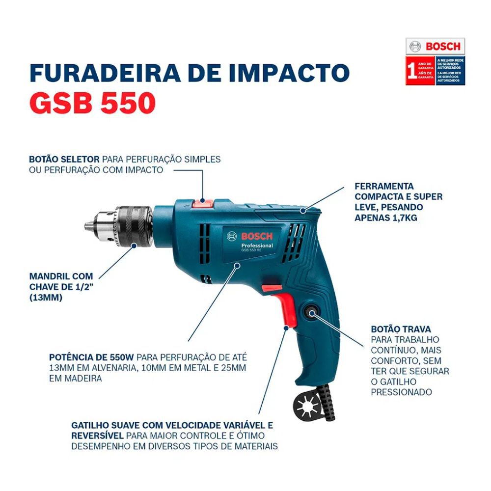 Furadeira Elétrica de Impacto 1/2" GSB 550 RE 550W com Acessórios Bosch