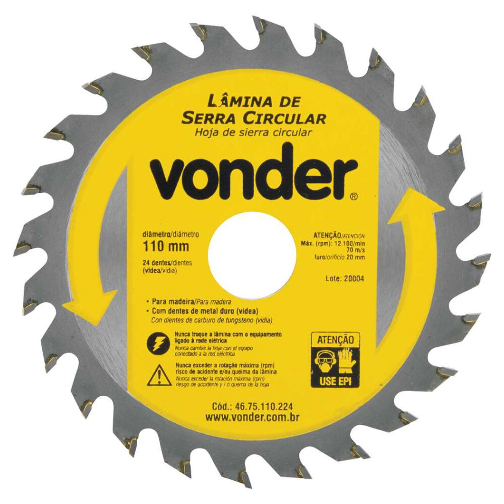 Lâmina de Serra Circular Dentes de Metal Duro/Vídea 110mm x 20mm 24 Dentes Vonder