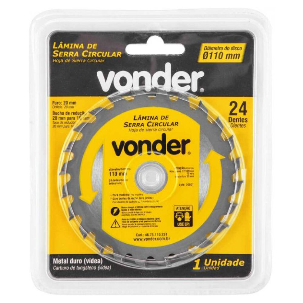 Lâmina de Serra Circular Dentes de Metal Duro/Vídea 110mm x 20mm 24 Dentes Vonder