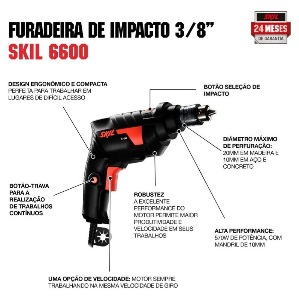 Furadeira de Impacto Elétrica 570W 6600 3/8" 10mm Skil