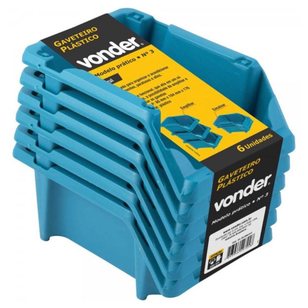 Gaveteiro Plástico N°3 8cmx10,4cmx17,6cm Jogo com 6 Peças Azul Vonder
