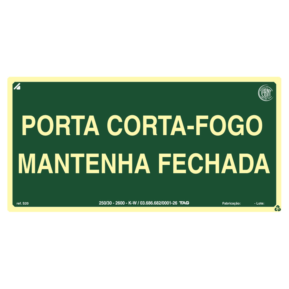 Placa de Sinalização PVC Fotoluminescente Porta Corta Fogo 15x30cm Sinalize