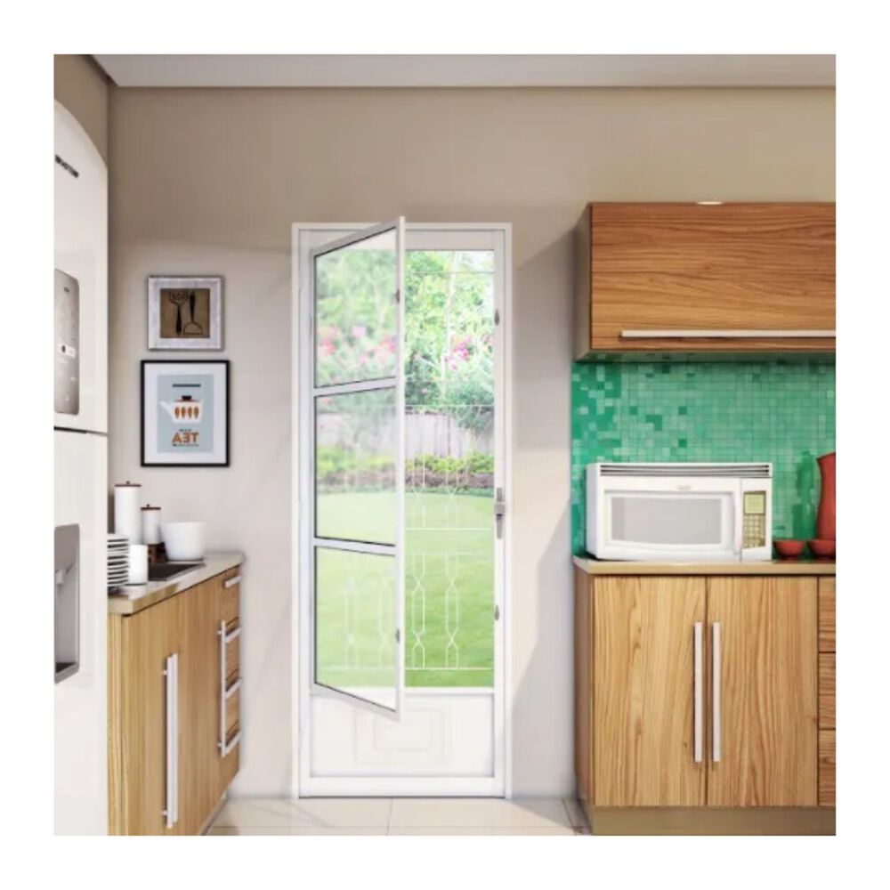 Porta de Aço com Vidro e Grade Mosaico 215 x 85 x 6,5cm Branca Esquerda Riobras