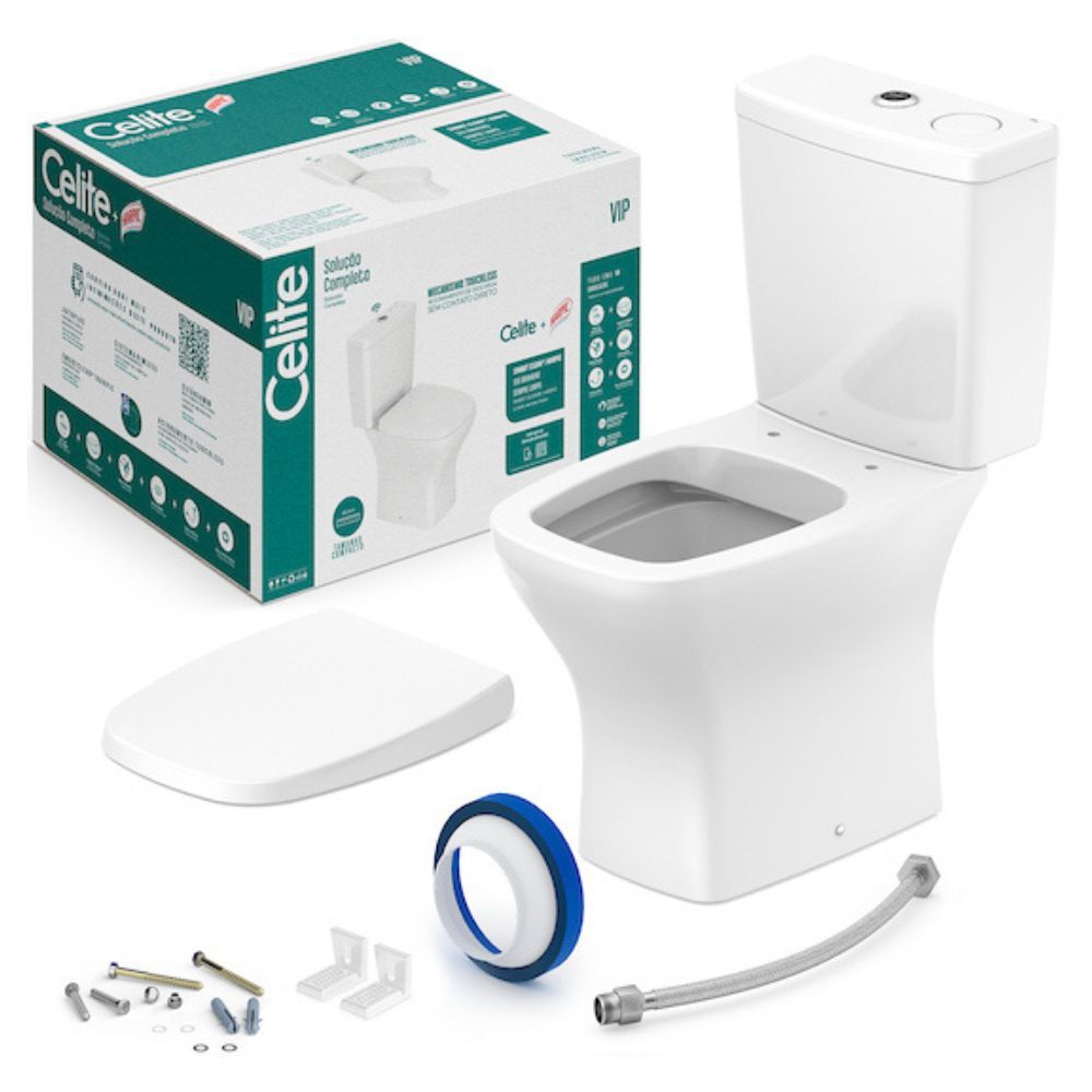 Kit de Vaso Sanitário Rimless com Caixa Acoplada Smart Clean VIP Branco Celite