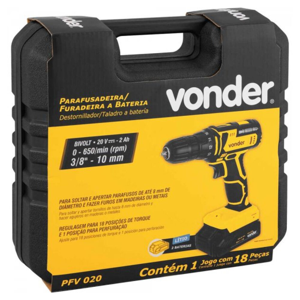 Parafusadeira Furadeira 3/8" 10mm à Bateria 20V Carregador Bivolt PFV020 Vonder