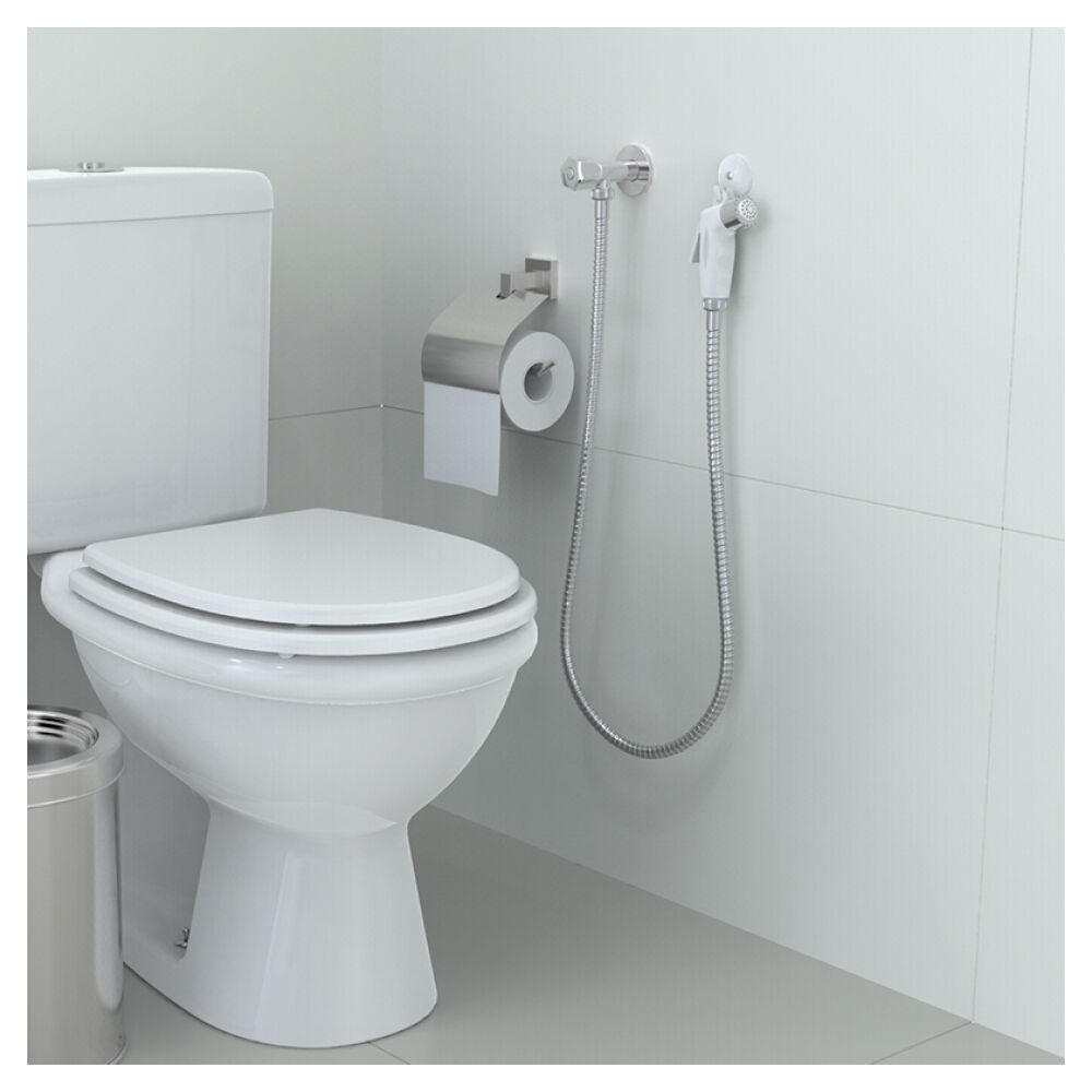 Ducha Higiênica com Kit Completo Gatilho Branco com Mangueira Cromada 1,2m Blukit