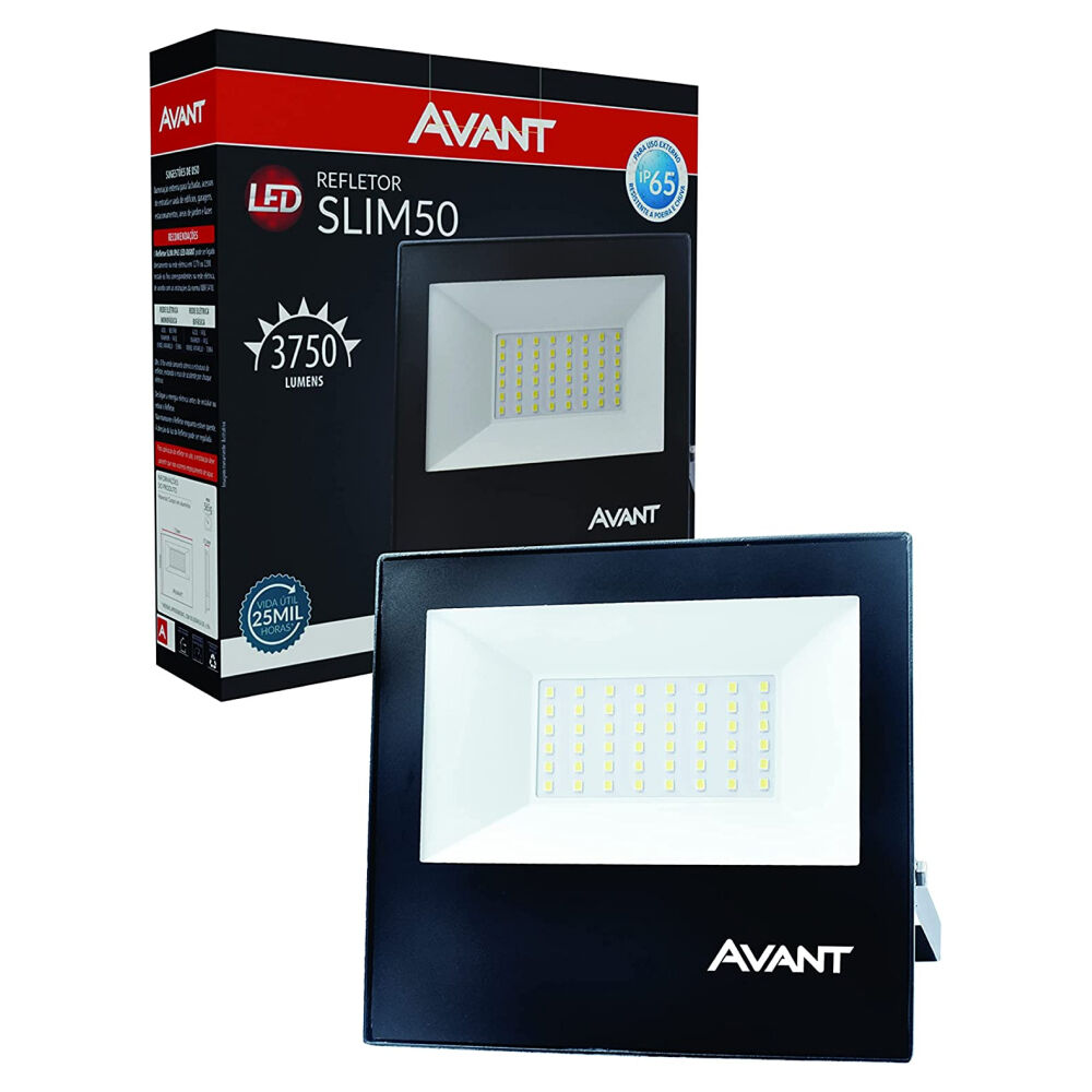 Refletor Led Slim 50W 6500K Bivolt Preto Avant