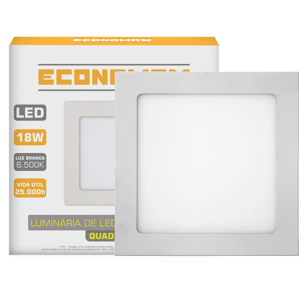 Luminária Led Slim Quadrada Sobrepor 18W 6.500K Branca Fria Bivolt Economax
