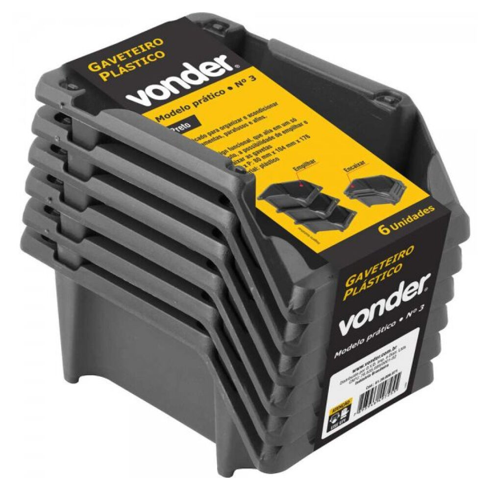 Gaveteiro Plástico N° 3 8cmx10,4cmx17,6cm Jogo com 6 peças Preto Vonder
