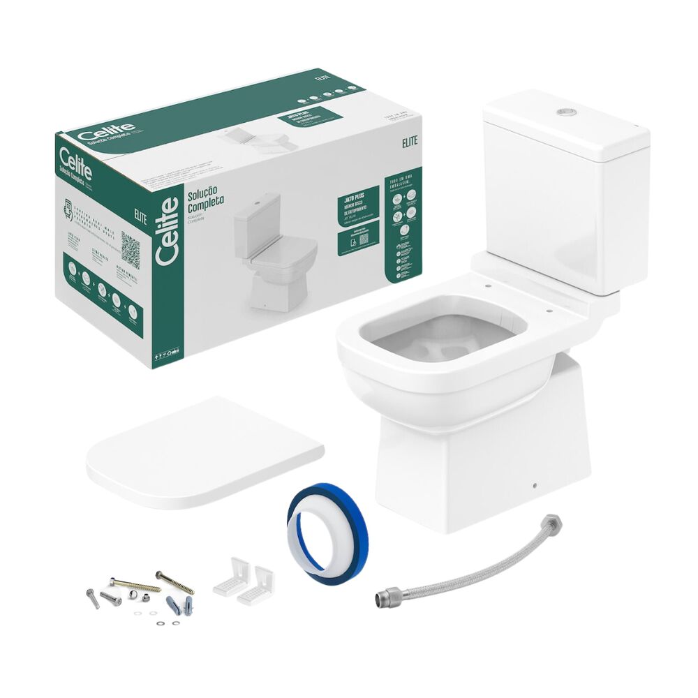 Kit Vaso Sanitário com Caixa Acoplada Assento Sanitário e Itens de Instalação Elite Branco Celite