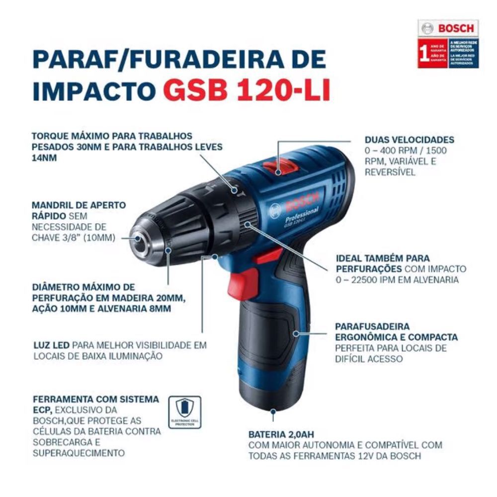Furadeira Parafusadeira GSB 120-Li 3/8 " 10mm 12V com Bateria e Carregador Rápido Bivolt Bosch