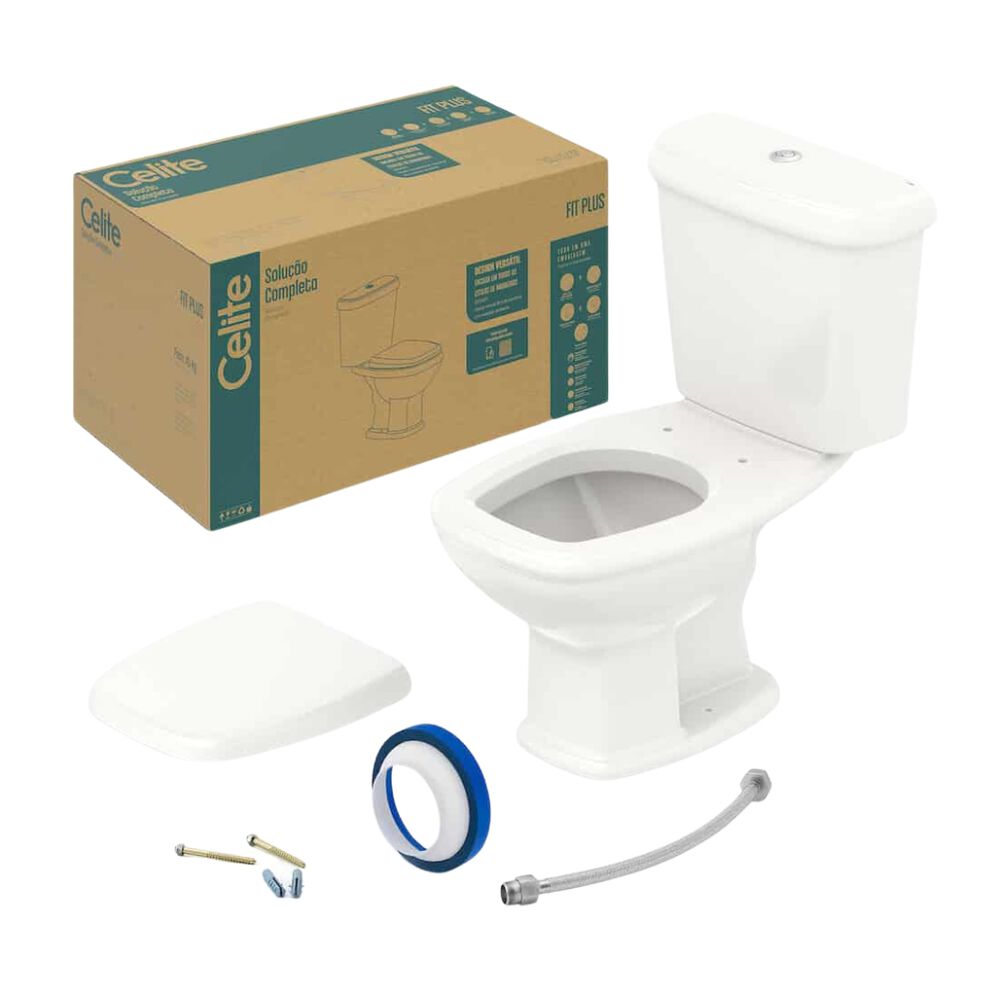 Kit Vaso Sanitário com Caixa Acoplada e Assento Duplo Acionamento 3/6L Saída Vertical Pergamon Fit Plus Celite