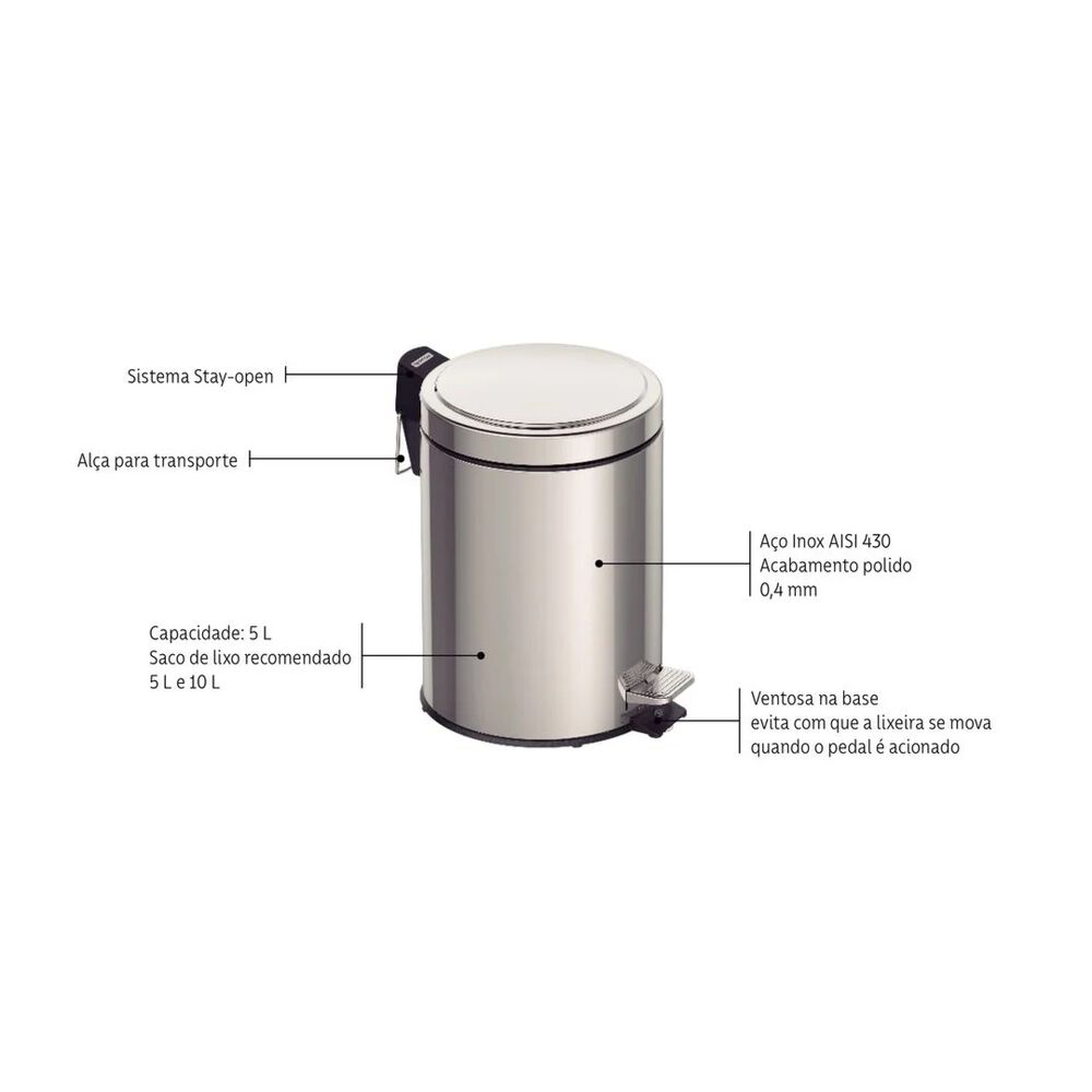 Lixeira com Pedal em Aço Inox 5L Tramontina