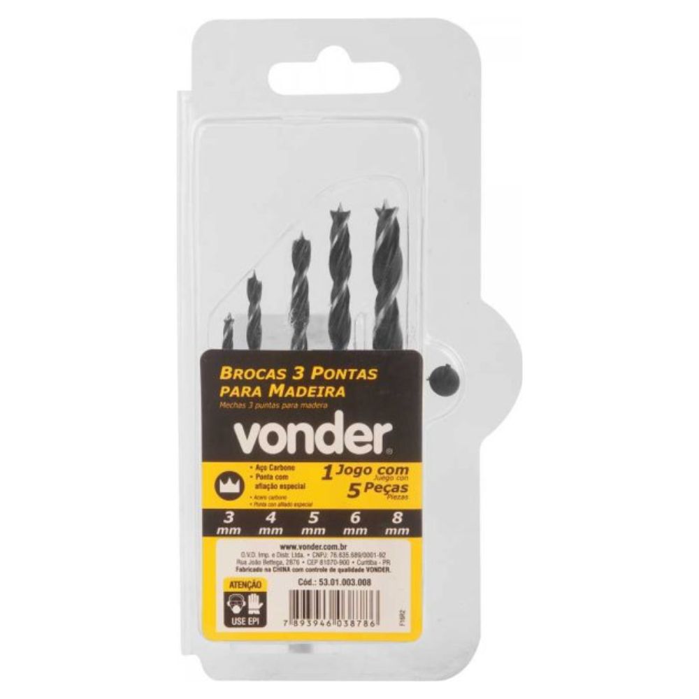 Jogo de Brocas 3 Pontas para Madeira 3mm a 8mm 5 Peças Vonder